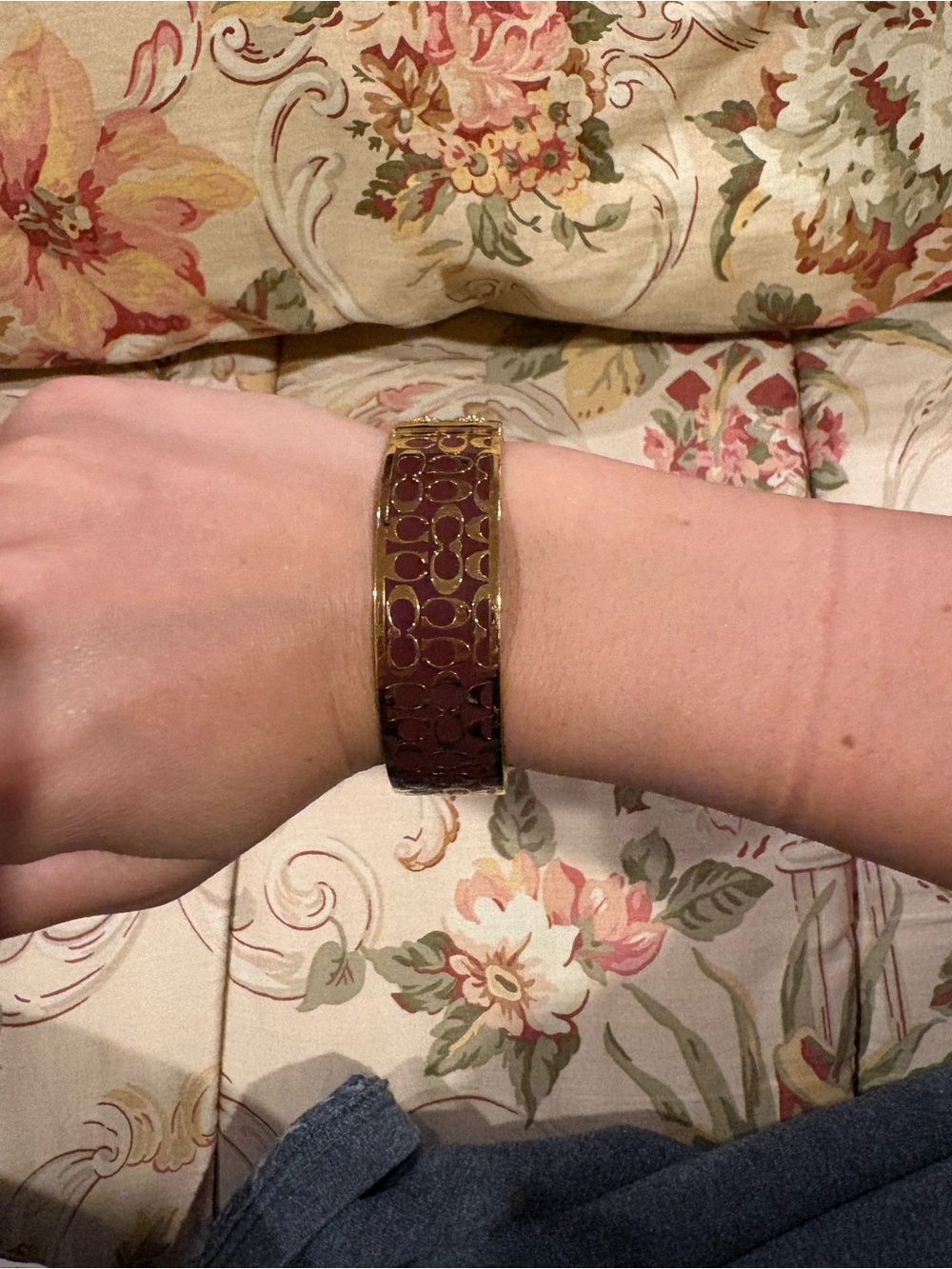 Coach Gold-Tone and Maroon Signature Bangle Bracelet